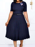 Women's Summer Fashion Round Neck Short Sleeve Solid Color Pleated Elegant Plus Size African Dress