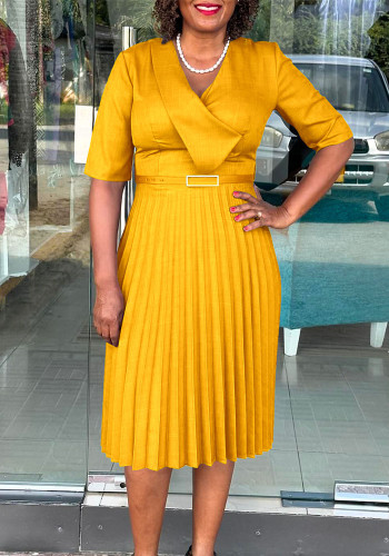 Plus Size Women's Summer Fashion Solid Color Elegant V Neck Pleated African Dress