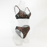 Sexy Lingerie Lace Patchwork Leopard Print Underwire Bra Set