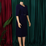 Plus Size Women's Summer Fashion Solid Color Elegant V Neck Pleated African Dress