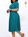 Women's Summer Fashion Round Neck Short Sleeve Solid Color Pleated Elegant Plus Size African Dress
