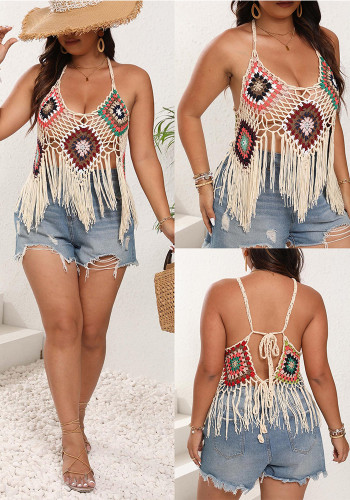 Plus Size Women's Handhook Block Tassel Camisole Lace-Up Hollow Top