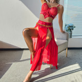 Party Red High Waist Slit See-Through Sexy Three-Piece Skirt For Women
