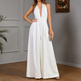 Spring Women's Sleeveless Halter Neck Solid Color V-Neck Wide Leg Jumpsuit