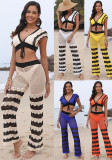 Women's Contrast Color Sexy Deep V Lace-Up Top Micro Bell Bottom Pants Beach Two-Piece Set