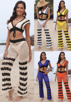 Women's Contrast Color Sexy Deep V Lace-Up Top Micro Bell Bottom Pants Beach Two-Piece Set Women's Contrast Color Sexy Deep V Lace-Up Top Micro Bell Bottom Pants Beach Two-Piece Set