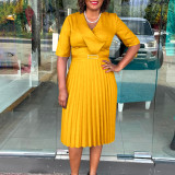 Plus Size Women's Summer Fashion Solid Color Elegant V Neck Pleated African Dress