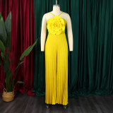 Women's Fashion Sexy Strap Flower Solid Color Pleated Jumpsuit