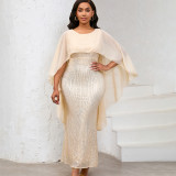 Women's Spring Fashion Chiffon Cape Sequin Bodycon Long Formal Party Dress