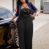 Women's Fashion Sexy Strap Flower Solid Color Pleated Jumpsuit