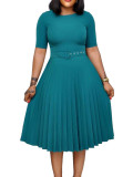 Women's Summer Fashion Round Neck Short Sleeve Solid Color Pleated Elegant Plus Size African Dress