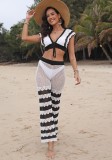 Women's Contrast Color Sexy Deep V Lace-Up Top Micro Bell Bottom Pants Beach Two-Piece Set