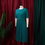 Women's Summer Fashion Round Neck Short Sleeve Solid Color Pleated Elegant Plus Size African Dress