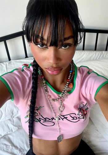 Women's Short Sleeve Round Neck Casual Printed T-Shirt Crop Slim Pink Top