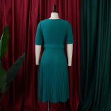 Women's Summer Fashion Round Neck Short Sleeve Solid Color Pleated Elegant Plus Size African Dress