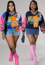 Women's Casual Fashion Patchwork Contrast Color Letter Printed Loose V-Neck Top Women's Casual Fashion Patchwork Contrast Color Letter Printed Loose V-Neck Top