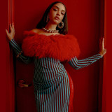 Autumn Winter Fashion Off Shoulder Trend Fur Patchwork Striped High Waist Slim Dress