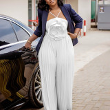 Women's Fashion Sexy Strap Flower Solid Color Pleated Jumpsuit