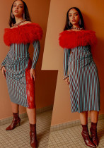 Autumn Winter Fashion Off Shoulder Trend Fur Patchwork Striped High Waist Slim Dress Autumn Winter Fashion Off Shoulder Trend Fur Patchwork Striped High Waist Slim Dress