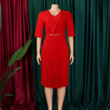 Plus Size Women's Summer Fashion Solid Color Elegant V Neck Pleated African Dress