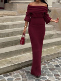 Burgunry Off-Shoulder Slim Long-Sleeved Knitting Long Dress