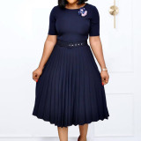 Women's Summer Fashion Round Neck Short Sleeve Solid Color Pleated Elegant Plus Size African Dress