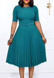 Women's Summer Fashion Round Neck Short Sleeve Solid Color Pleated Elegant Plus Size African Dress