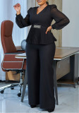 Women's Ol Fashion Long-Sleeved Tops Wide-Leg Pants Two-Piece Suit