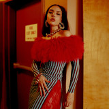 Autumn Winter Fashion Off Shoulder Trend Fur Patchwork Striped High Waist Slim Dress