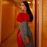 Autumn Winter Fashion Off Shoulder Trend Fur Patchwork Striped High Waist Slim Dress