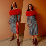 Autumn Winter Fashion Off Shoulder Trend Fur Patchwork Striped High Waist Slim Dress