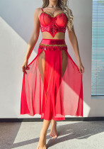 Party Red High Waist Slit See-Through Sexy Three-Piece Skirt For Women
