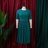 Women's Summer Fashion Round Neck Short Sleeve Solid Color Pleated Elegant Plus Size African Dress