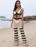 Women's Contrast Color Sexy Deep V Lace-Up Top Micro Bell Bottom Pants Beach Two-Piece Set