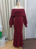 Burgunry Off-Shoulder Slim Long-Sleeved Knitting Long Dress