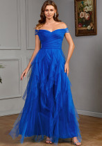 Solid Color Off Shoulder Mesh Long Elegant Formal Party Evening Dress