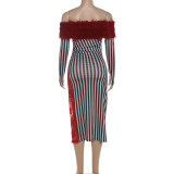 Autumn Winter Fashion Off Shoulder Trend Fur Patchwork Striped High Waist Slim Dress
