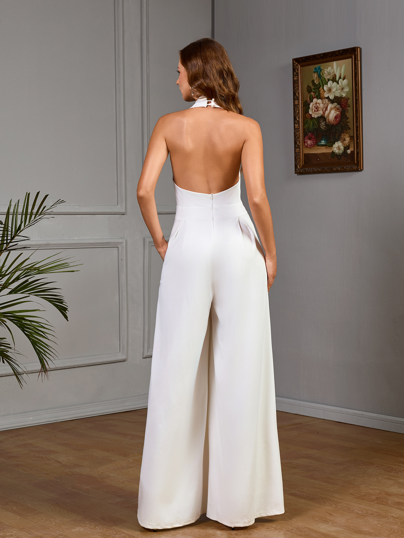 Spring Women's Sleeveless Halter Neck Solid Color V-Neck Wide Leg Jumpsuit