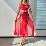 Party Red High Waist Slit See-Through Sexy Three-Piece Skirt For Women