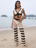 Women's Contrast Color Sexy Deep V Lace-Up Top Micro Bell Bottom Pants Beach Two-Piece Set