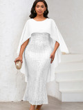 Women's Spring Fashion Chiffon Cape Sequin Bodycon Long Formal Party Dress
