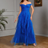 Solid Color Off Shoulder Mesh Long Elegant Formal Party Evening Dress