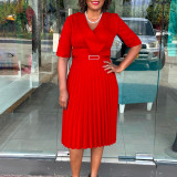 Plus Size Women's Summer Fashion Solid Color Elegant V Neck Pleated African Dress
