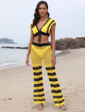 Women's Contrast Color Sexy Deep V Lace-Up Top Micro Bell Bottom Pants Beach Two-Piece Set