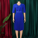 Plus Size Women's Summer Fashion Solid Color Elegant V Neck Pleated African Dress
