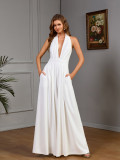 Spring Women's Sleeveless Halter Neck Solid Color V-Neck Wide Leg Jumpsuit