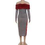 Autumn Winter Fashion Off Shoulder Trend Fur Patchwork Striped High Waist Slim Dress