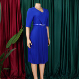 Plus Size Women's Summer Fashion Solid Color Elegant V Neck Pleated African Dress