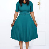 Women's Summer Fashion Round Neck Short Sleeve Solid Color Pleated Elegant Plus Size African Dress