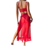 Party Red High Waist Slit See-Through Sexy Three-Piece Skirt For Women